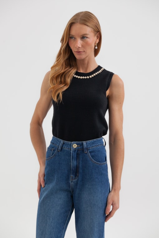 Blusa Regata Tricot Aplicação Pérolas Preto