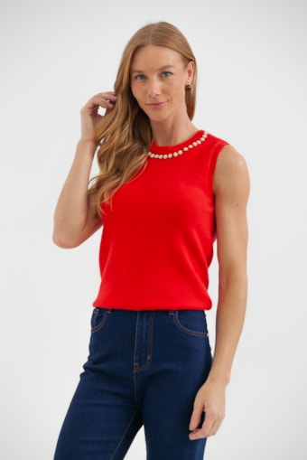 Blusa Regata Tricot Aplicação Pérolas Vermelho