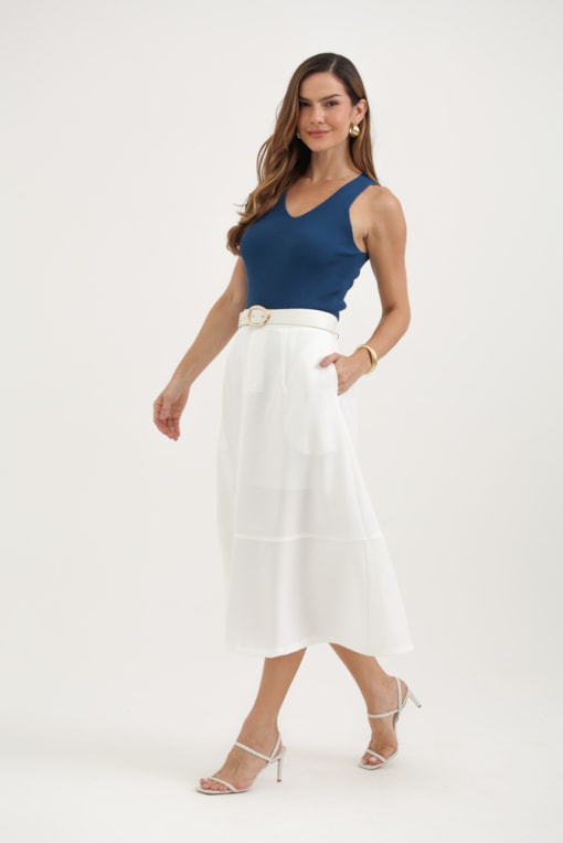 Blusa Regata Tricot Básica Decote V Azul