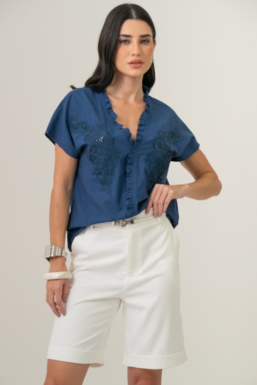 Blusa Richelieu Com Babados Azul