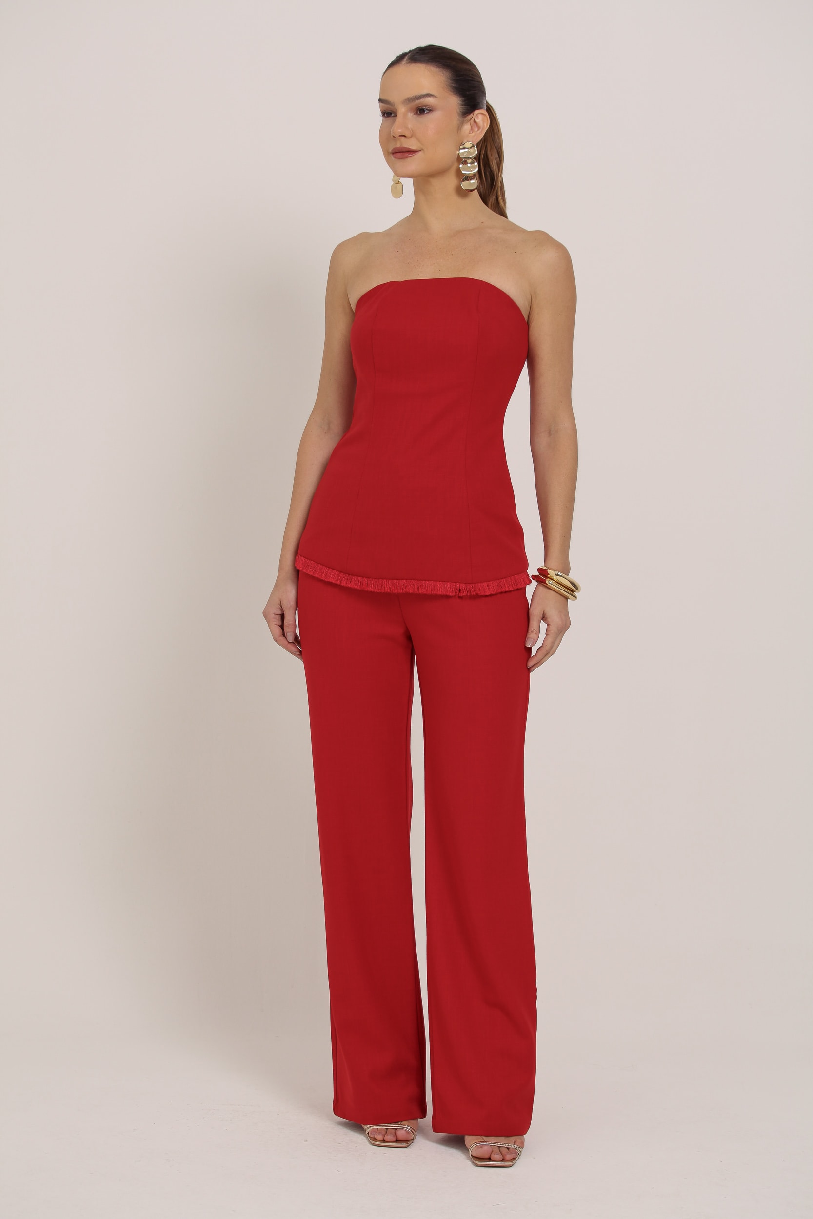 Blusa Sem Alça Detalhe Barra Franja Vermelho