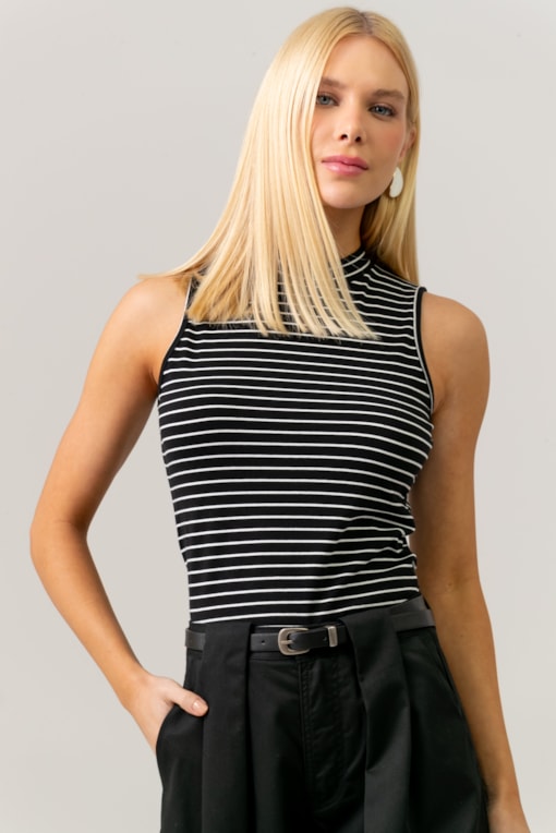 Blusa Sem Manga Básica Listrada Preto