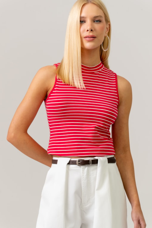 Blusa Sem Manga Básica Listrada Vermelho