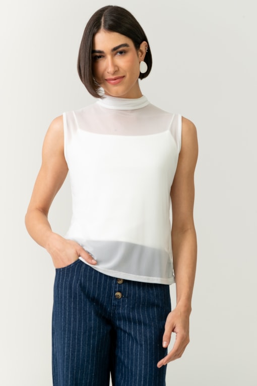 Blusa Sem Manga Gola Alta Tule Off-white