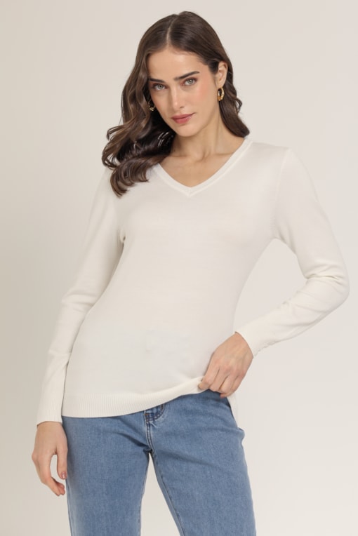 Blusa Tricô Decote V  Branco
