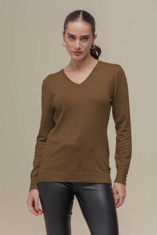 Blusa Tricô Decote V  Marrom