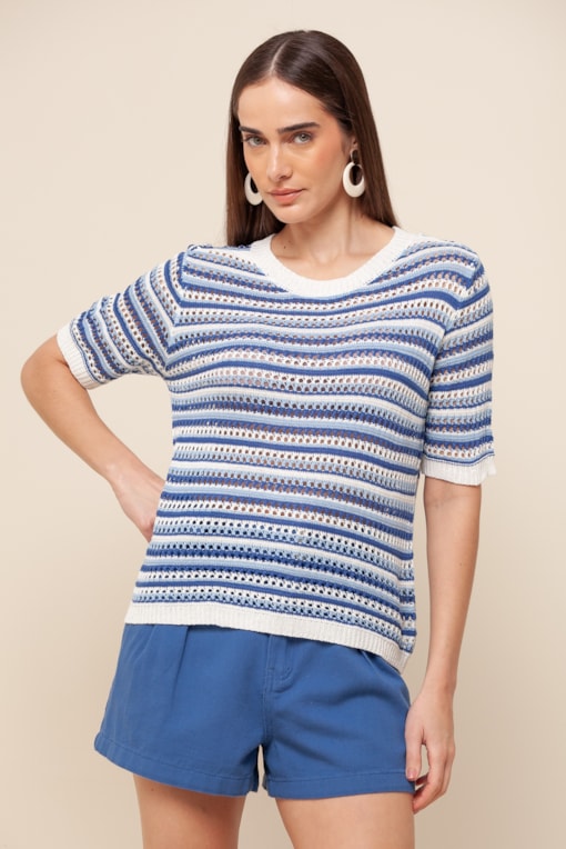 Blusa Tricô Efeito Crochê Listras  Rosa