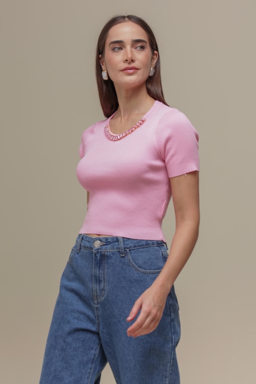 Blusa Tricô Pedrarias Rosa