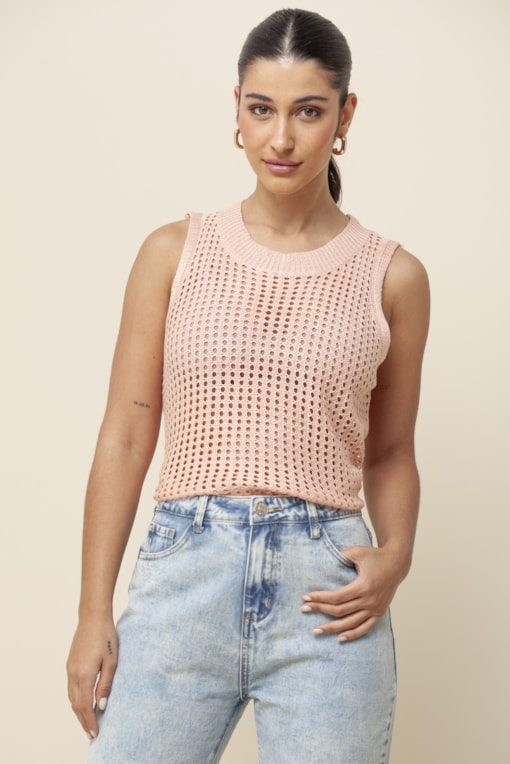 Blusa Tricô Trama Vazada  Salmão