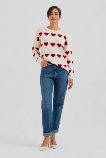 Blusa Tricot Ampla Corações Areia