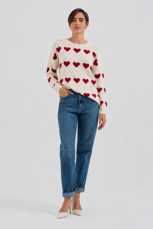 Blusa Tricot Ampla Corações Areia