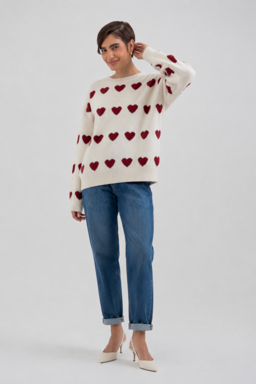 Blusa Tricot Ampla Corações Areia
