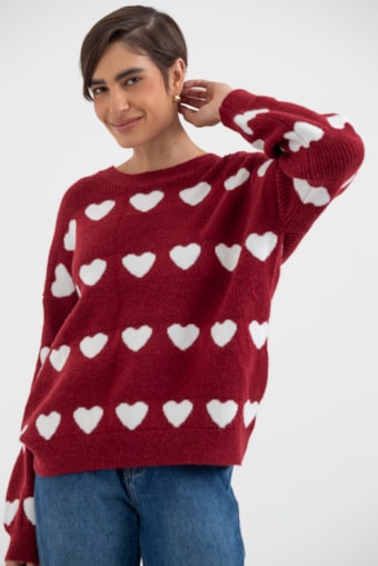 Blusa Tricot Ampla Corações Vinho