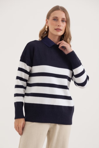 Blusa Tricot Ampla Gola Alta Listrada Marinho 