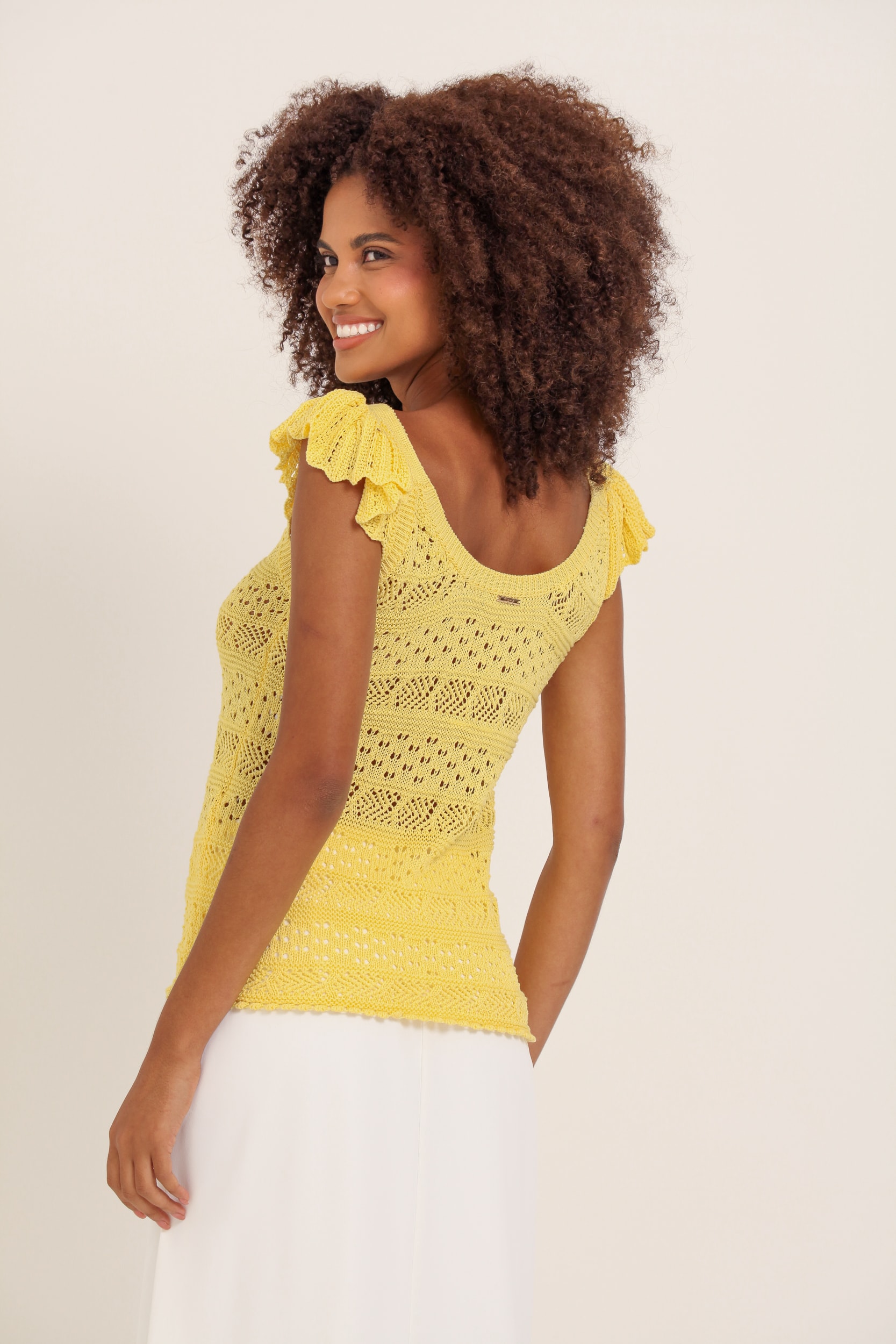Blusa Tricot Babados Ombro Amarelo