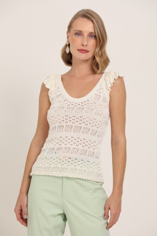 Blusa Tricot Babados Ombro Off-white