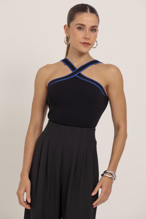 Blusa Tricot Bicolor Alça Cruzada Preto