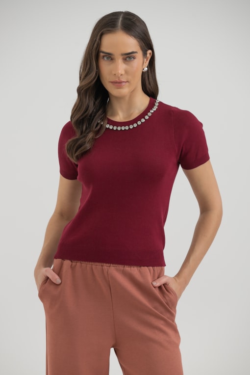 Blusa Tricot Brilhos Decote Vinho