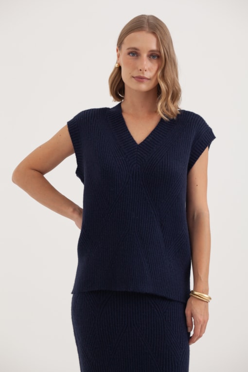 Blusa Tricot Canelada Ombro Caído Marinho 