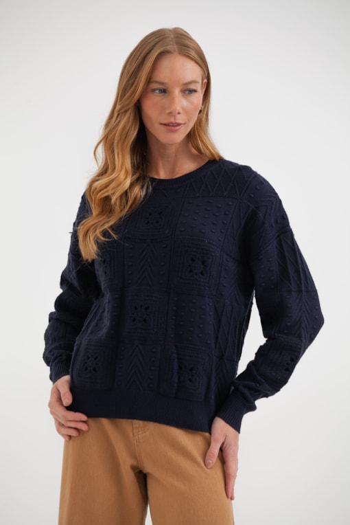 Blusa Tricot Com Painéis Desenhados Marinho 