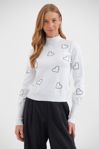 Blusa Tricot Corações Manga Longa Off-white