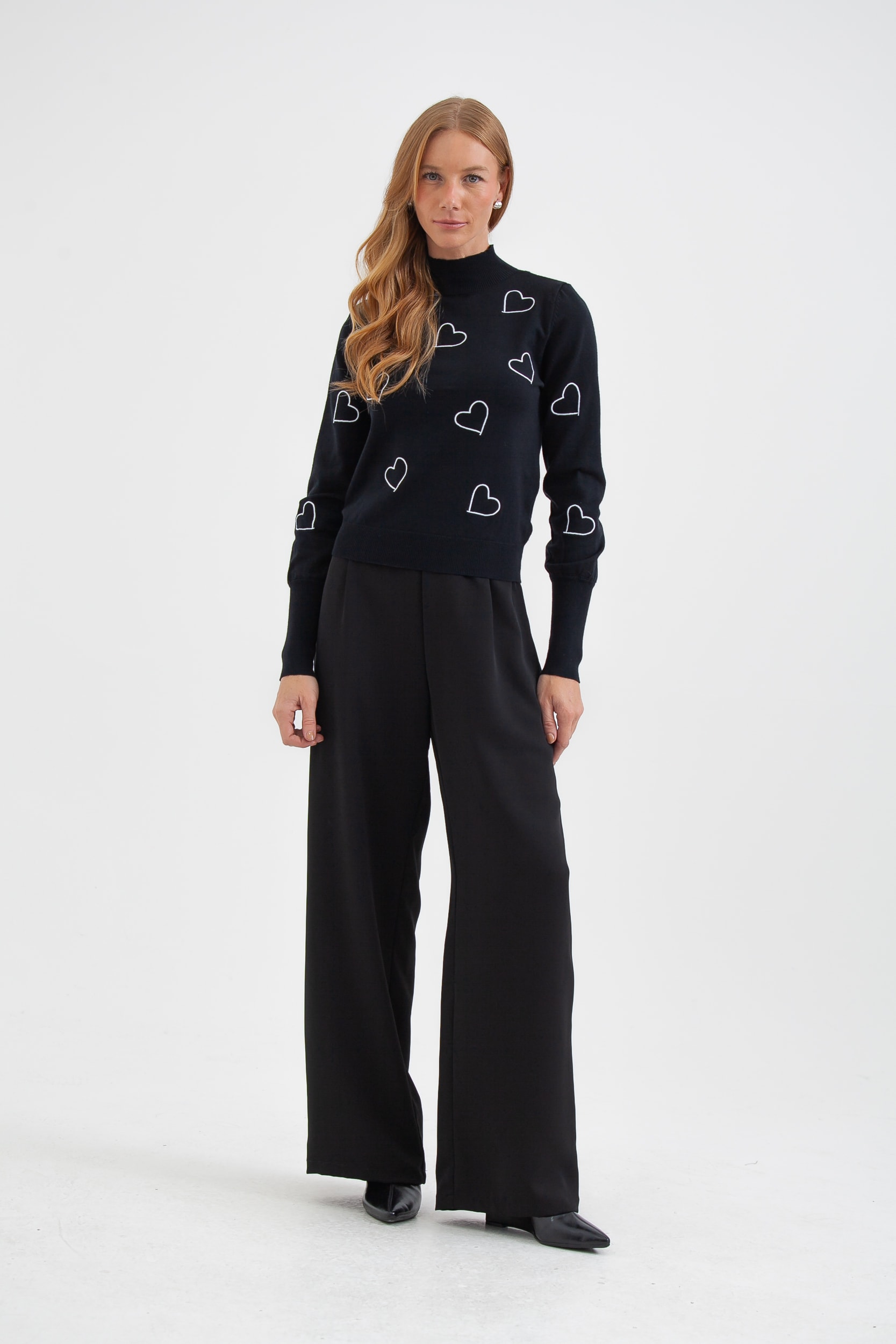 Blusa Tricot Corações Manga Longa Preto