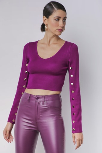 Blusa Tricot Cropped Manga Botões Fúcsia