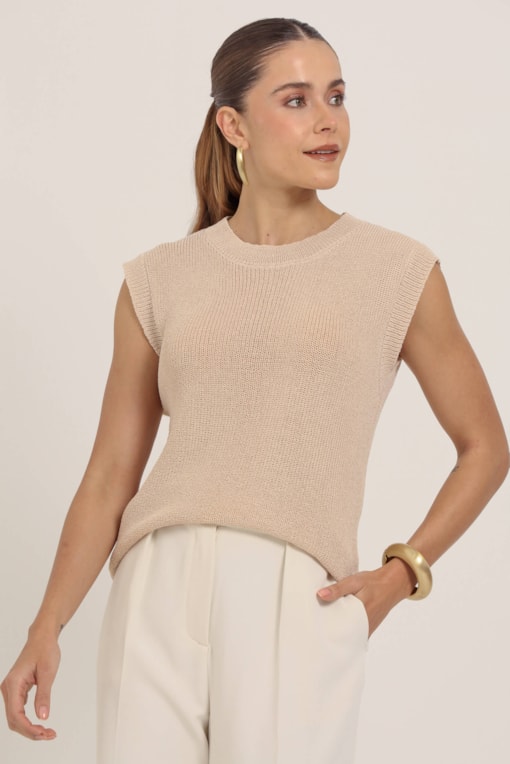 Blusa Tricot Efeito Crochê Bege