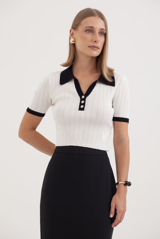 Blusa Tricot Estilo Polo Bicolor Off-white