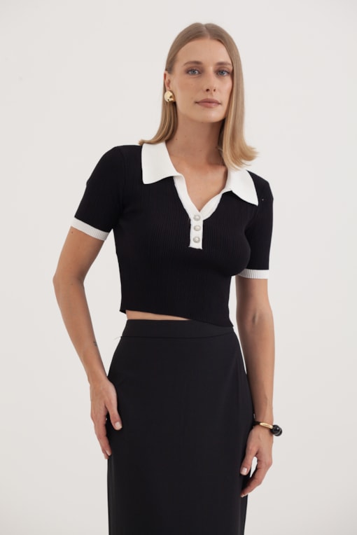 Blusa Tricot Estilo Polo Bicolor Preto