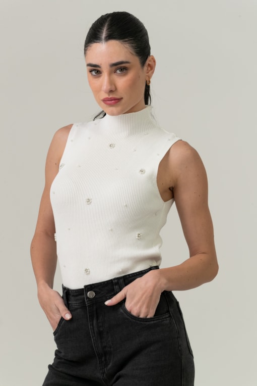 Blusa Tricot Flores Pérolas E Strass Off-white