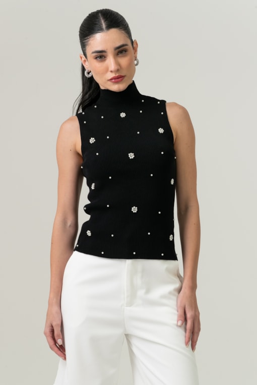 Blusa Tricot Flores Pérolas E Strass Preto