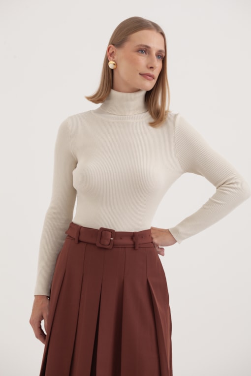 Blusa Tricot Gola Alta Areia