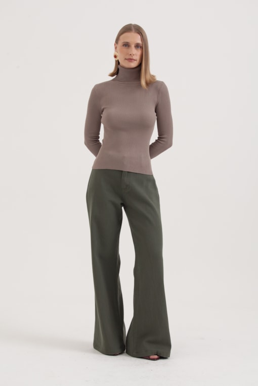 Blusa Tricot Gola Alta Caqui