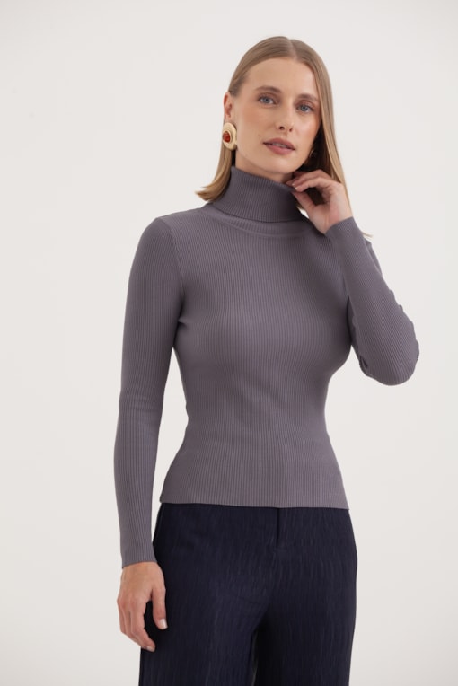 Blusa Tricot Gola Alta Cinza