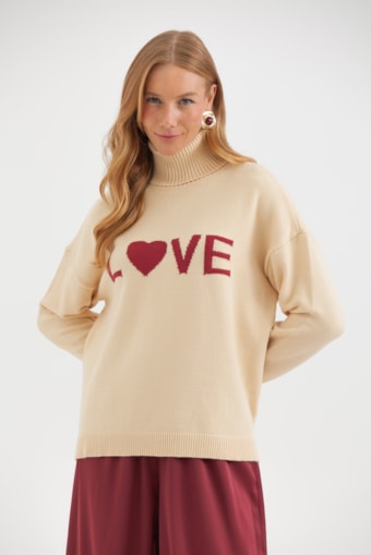 Blusa Tricot Gola Alta Love Areia