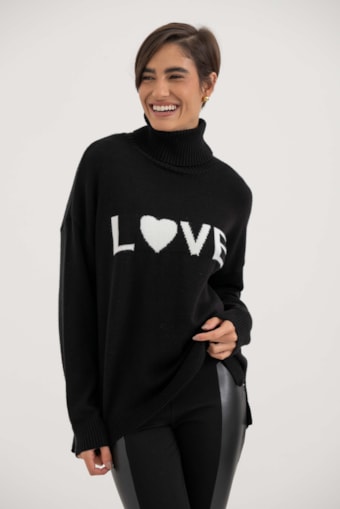 Blusa Tricot Gola Alta Love Preto