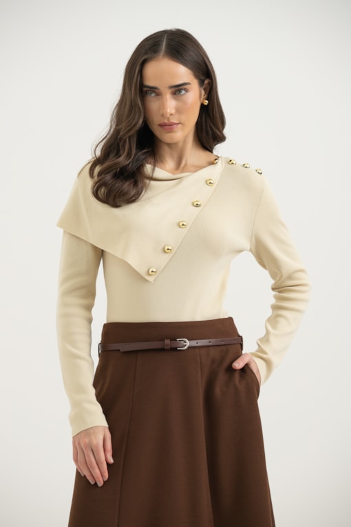 Blusa Tricot Gola Ampla E Botões Areia