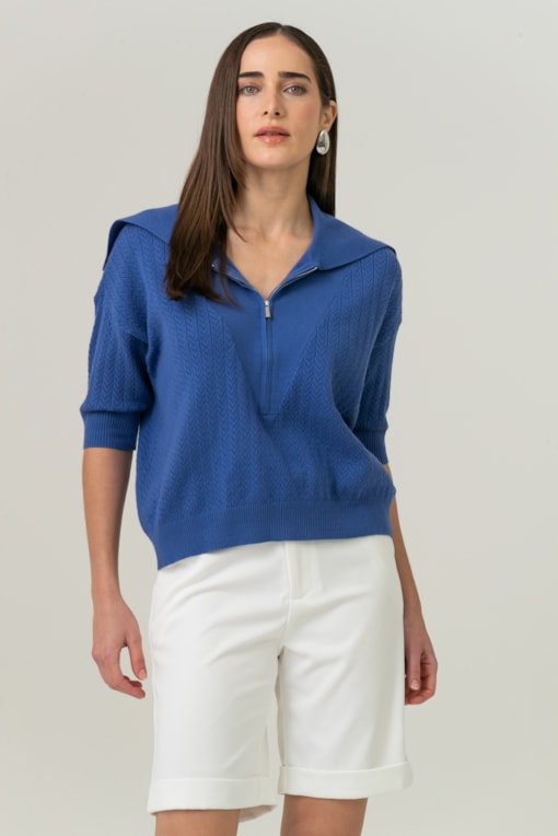 Blusa Tricot Gola Ampla E Zíper Azul