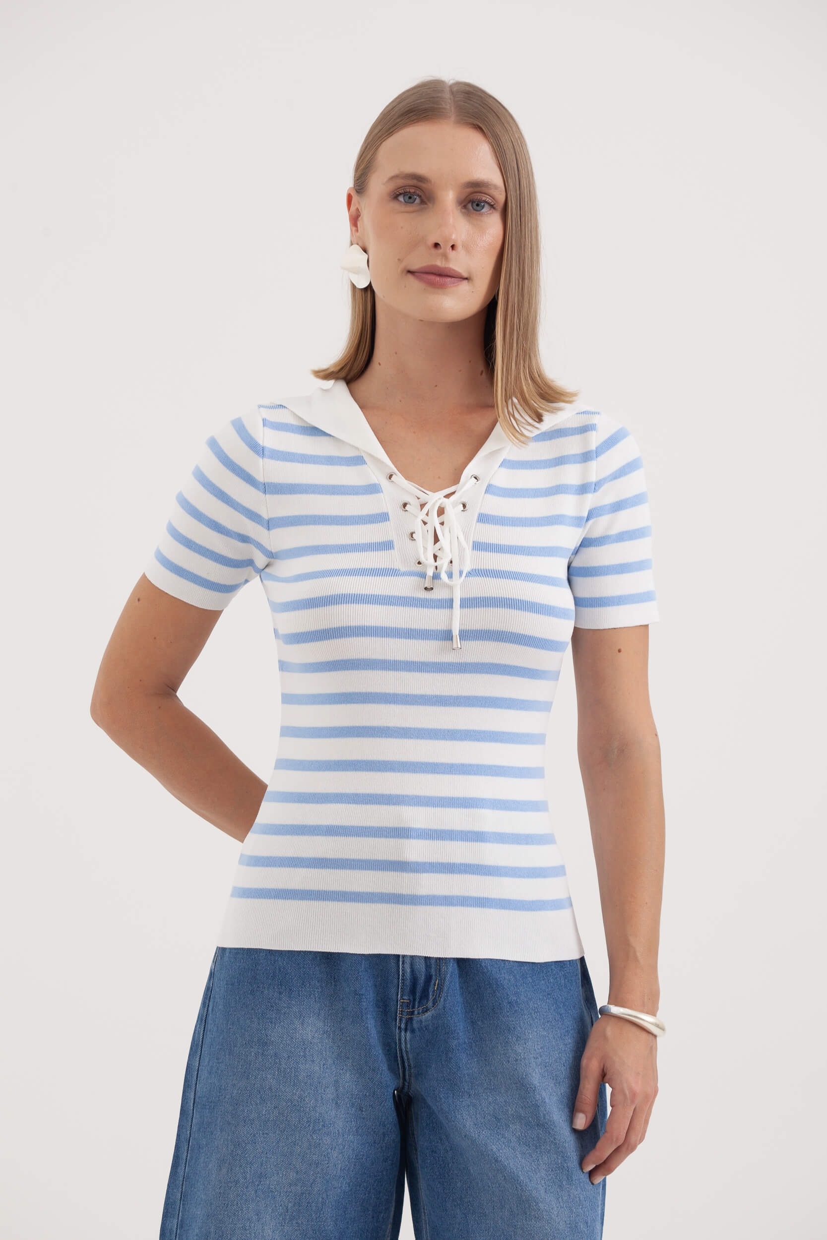 Blusa Tricot Gola Marinheiro Manga Curta Azul