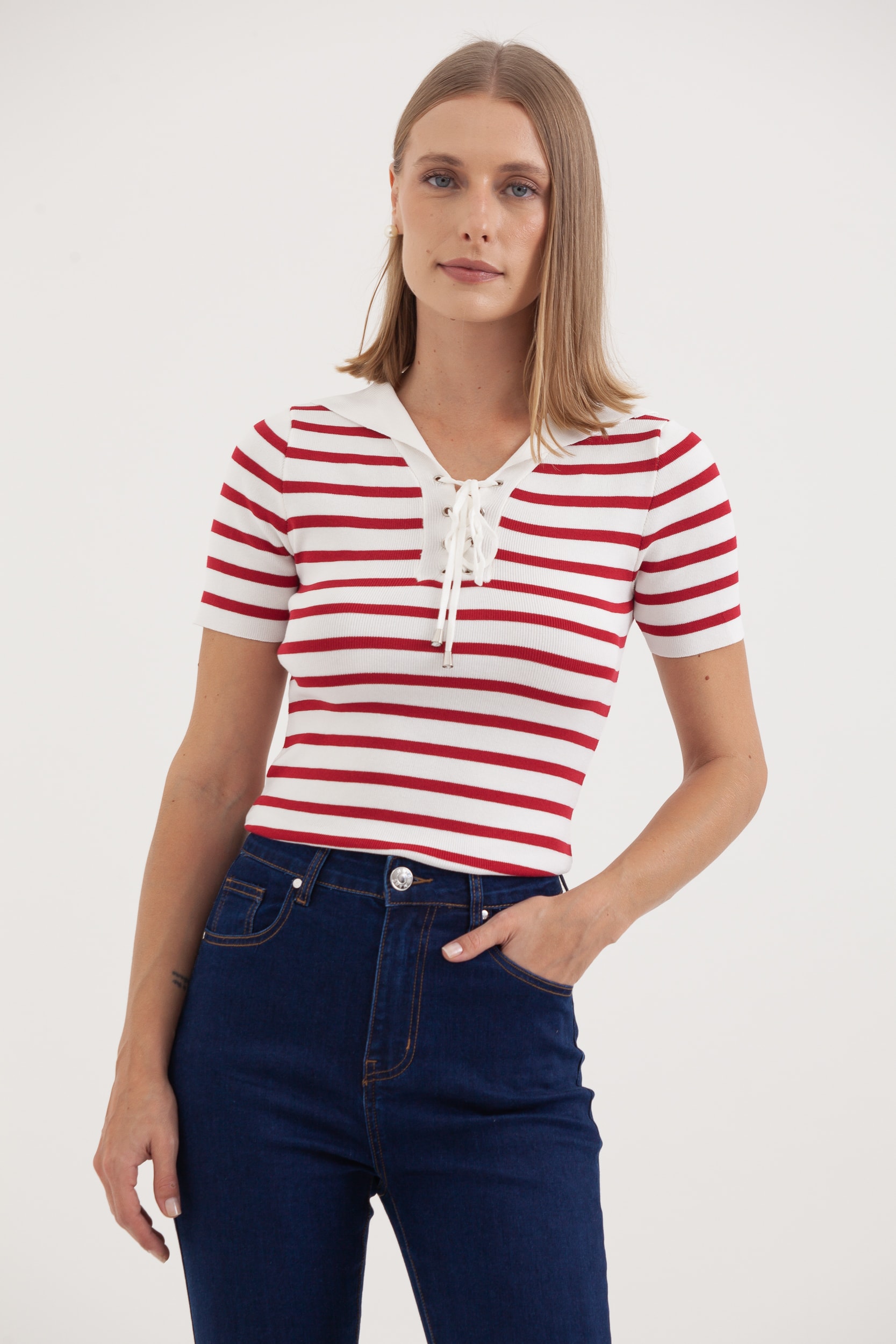 Blusa Tricot Gola Marinheiro Manga Curta Vermelho