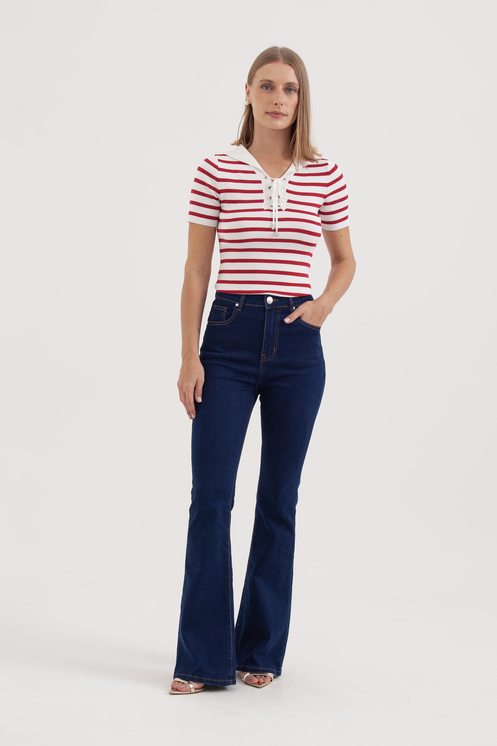 Blusa Tricot Gola Marinheiro Manga Curta Vermelho