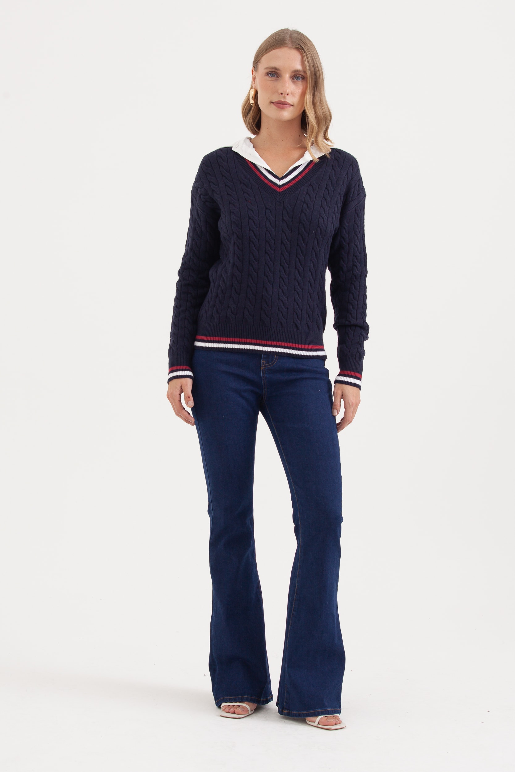 Blusa Tricot Gola V Tranças E Listras Marinho 