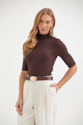  Blusa Tricot Manga 3/4 Marrom