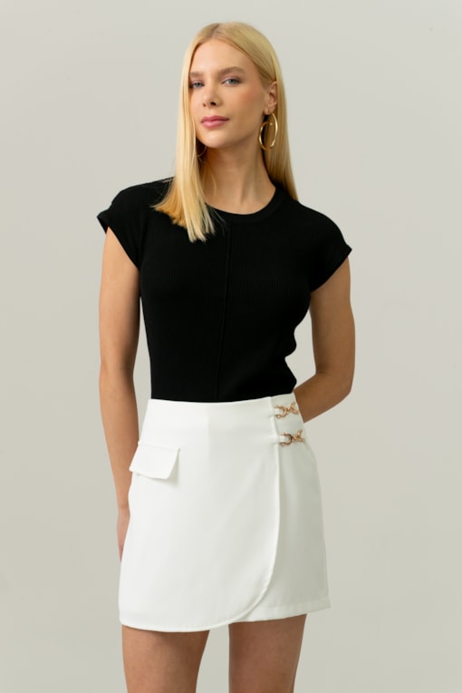 Blusa Tricot Manga Caída Com Friso Frontal Preto