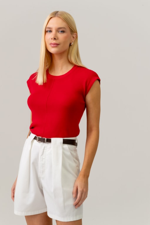 Blusa Tricot Manga Caída Com Friso Frontal Vermelho