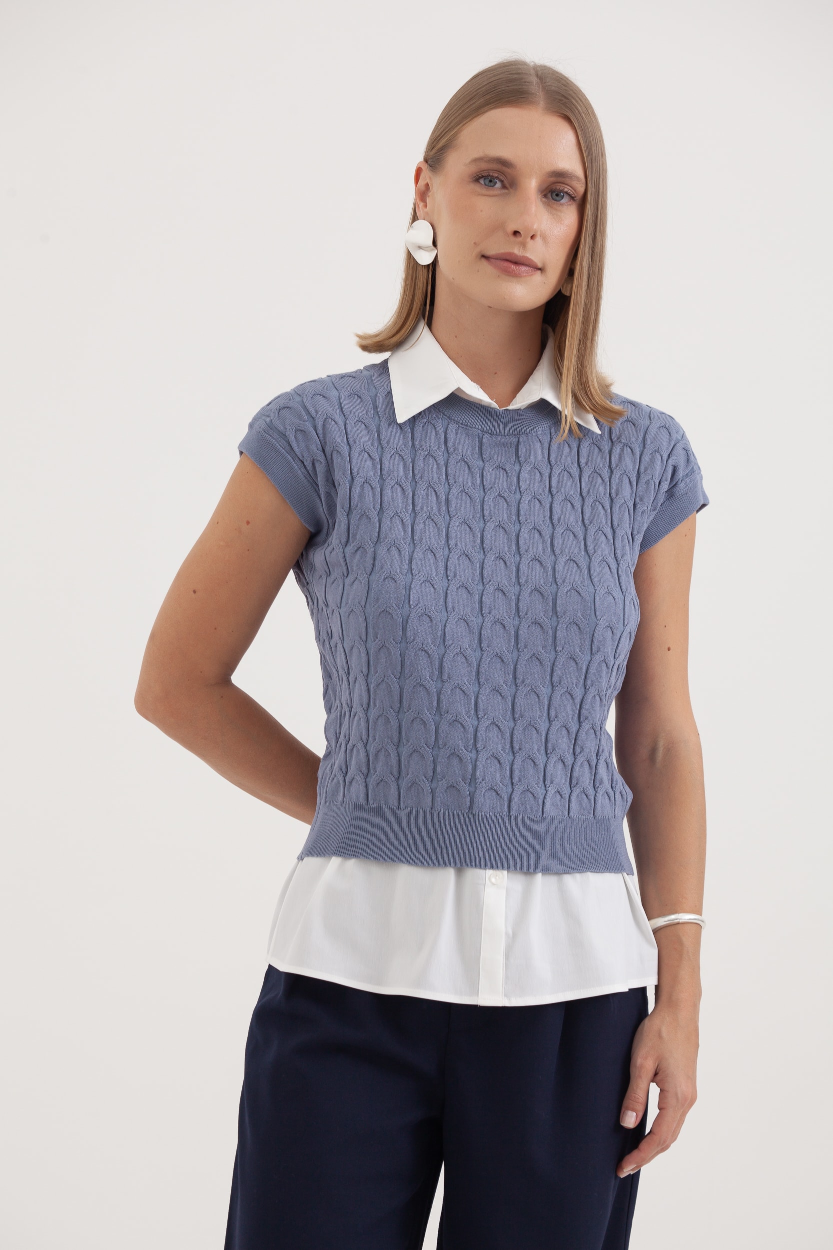 Blusa Tricot Manga Caída Ponto Diferenciado Azul