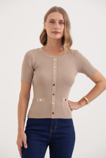 Blusa Tricot Manga Curta Botões  Bege