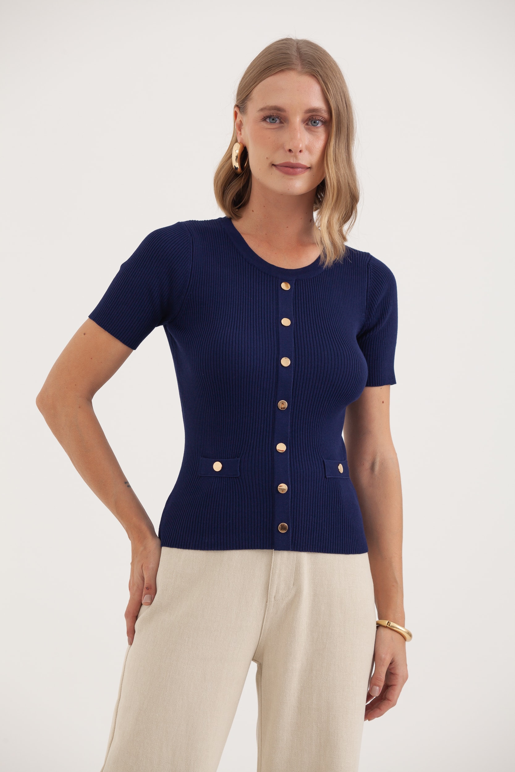 Blusa Tricot Manga Curta Botões  Marinho 