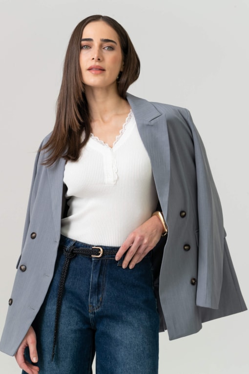Blusa Tricot Manga Curta Com Renda Off-white